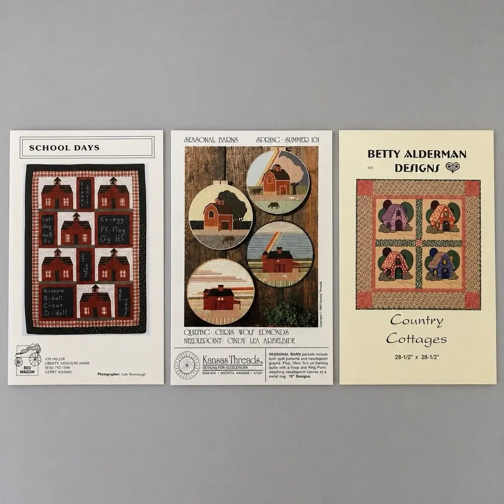 Lot of 3 Vintage Quilt Patterns School Days Country Cottages Barns Craft