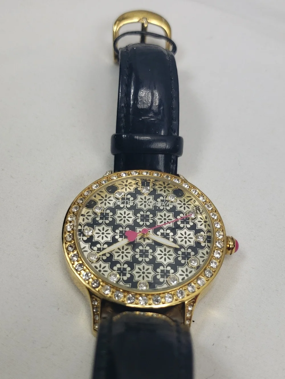 Betsey Johnson Working Rhinestone Black Leather Band Watch