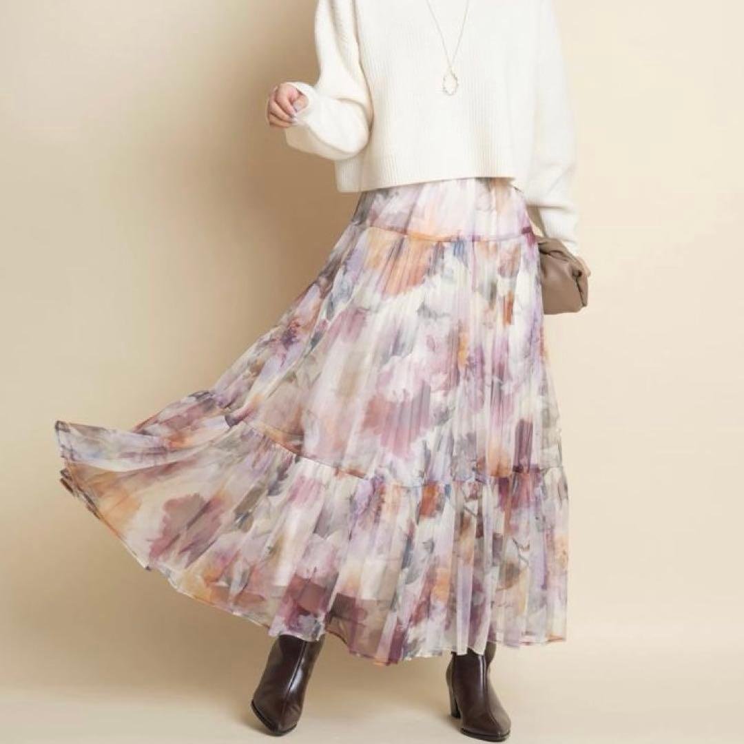 Beautiful condition☆JUSGLITTY Blurred Flower Print Skirt Bordeaux 0 (XS)
